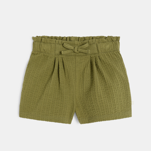 شورت بخصر عالٍ من القطن الفاخر، اللون أخضر، للطفلة الصغيرة